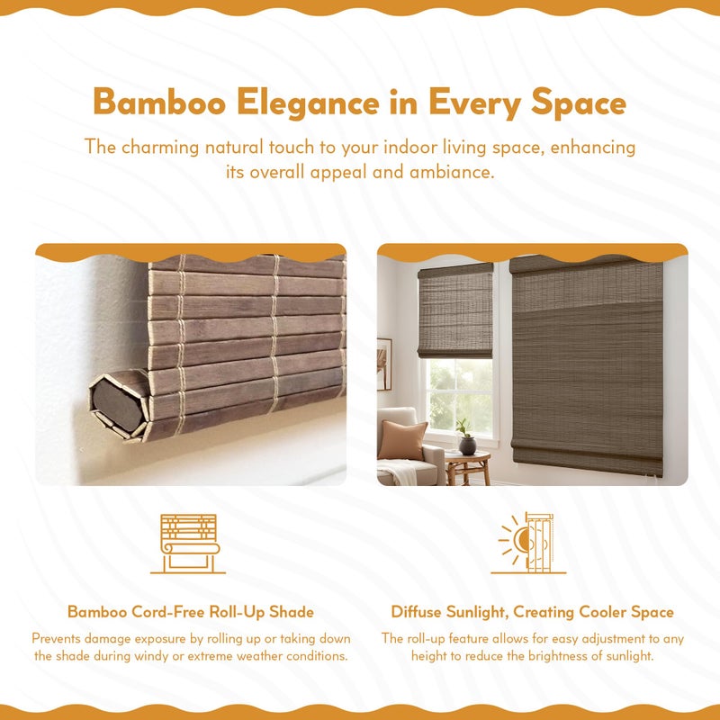 Radiance Cordless Bamboo Roman Shades for Windows - Flatstick Bamboo Blinds for Semi-Private Light Control - Easy to Lift & Fold Up Window Shades - Driftwood - 36 in. W x 64 in. L - (2216614E) - Image 3